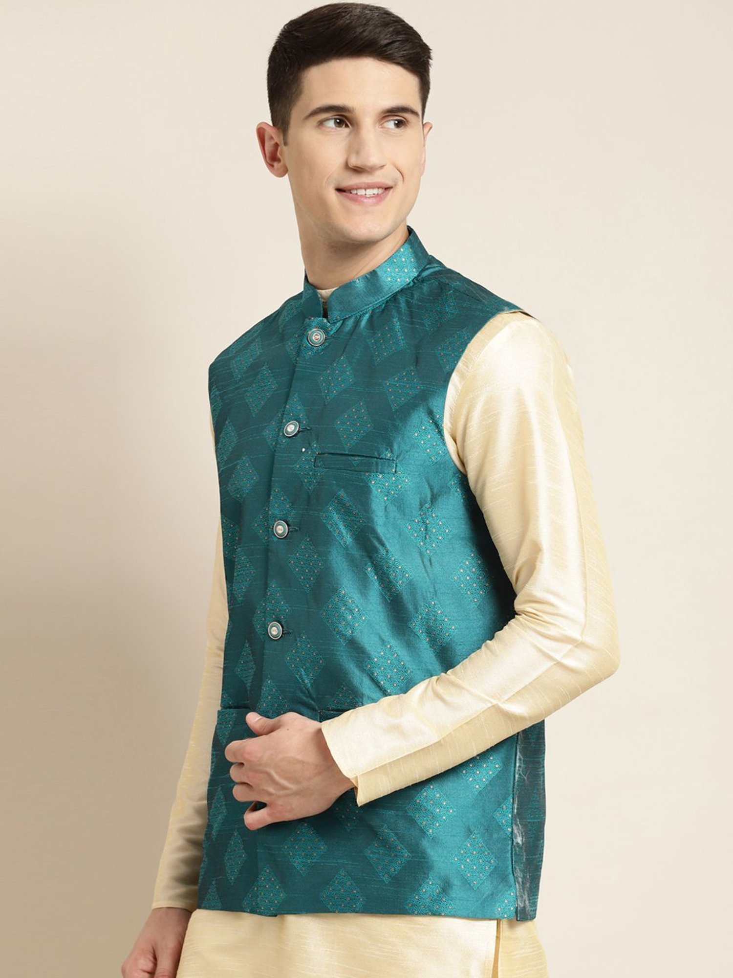 Sojanya Blue Regular Fit Self Pattern Nehru Jacket