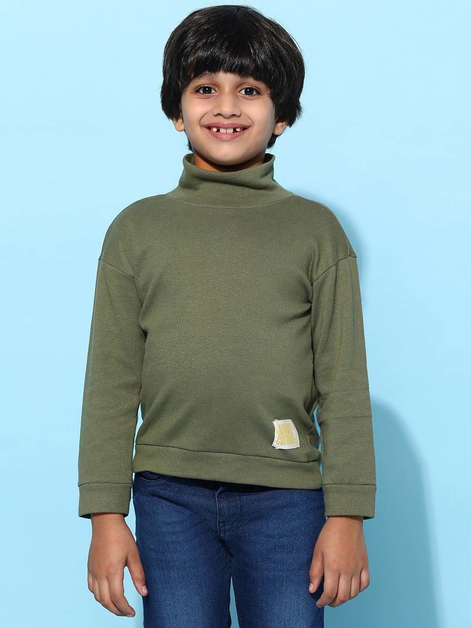 Tales & Stories Kids Olive Cotton Loose Fit Full Sleeves T-Shirt