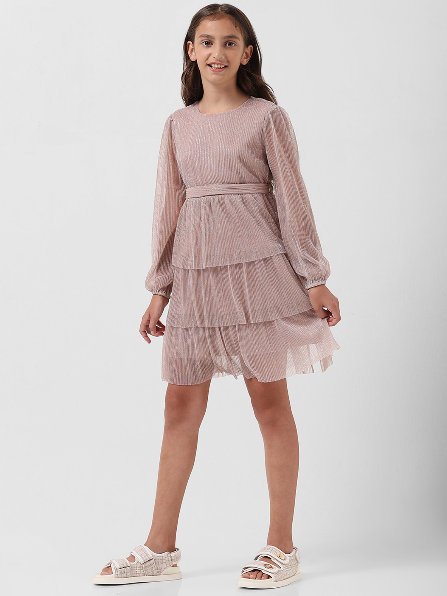 VERO MODA GIRL Pink Shimmer Full Sleeves Dress with Belt