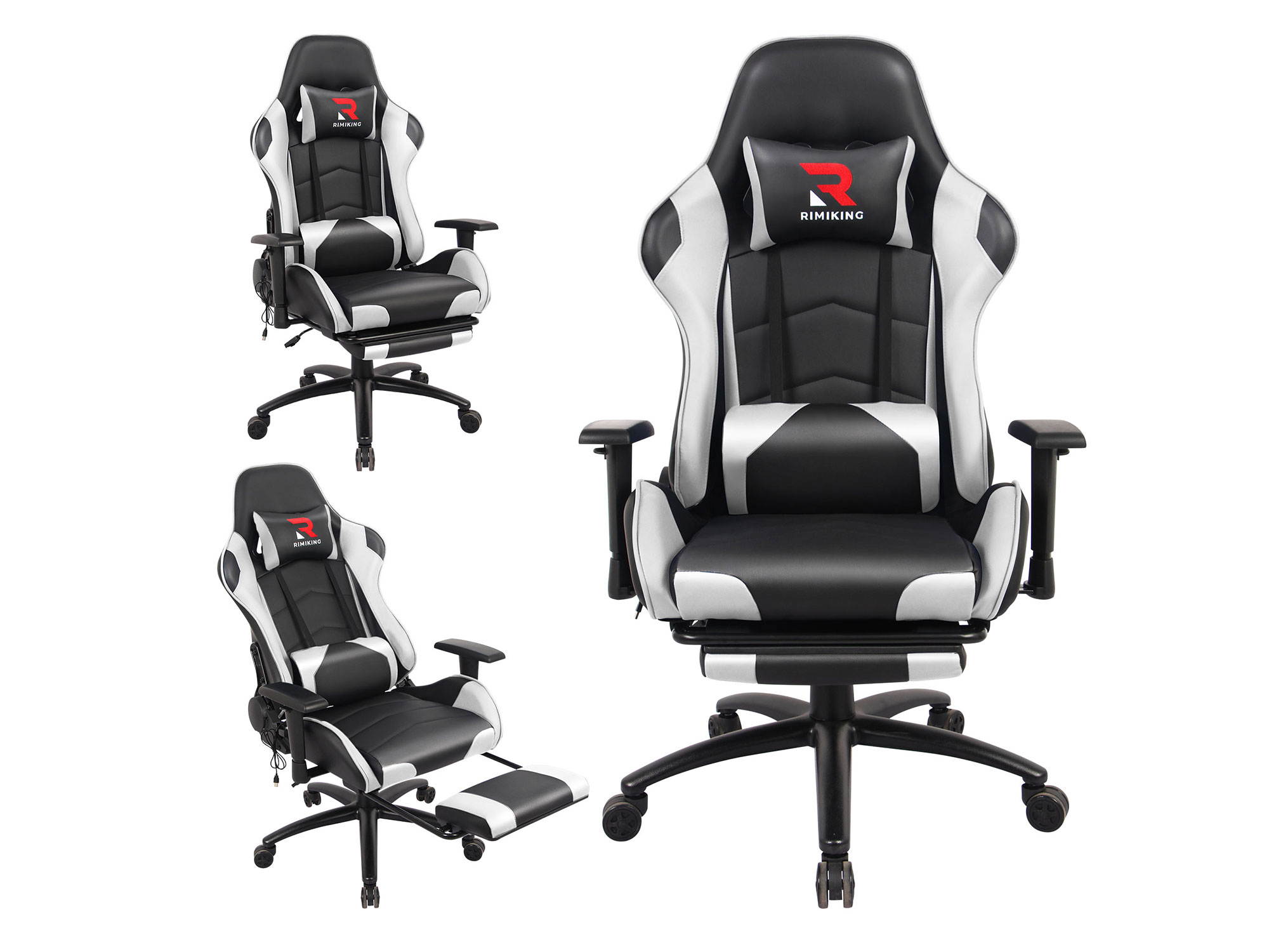 RIMIKINGMassage Gaming Chair with Retractable Footrest-Adjustable Lumbar Cushion Computer Office Racing Chair Headrest Swivel Rocking Desk Chair Ergonomic