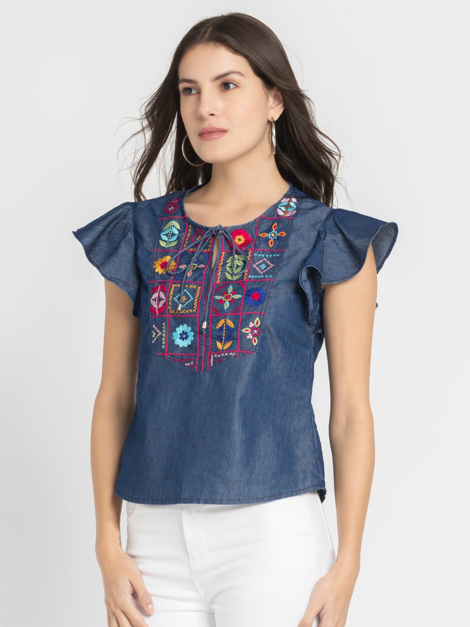 SHAYE Blue Denim Embroidered Top