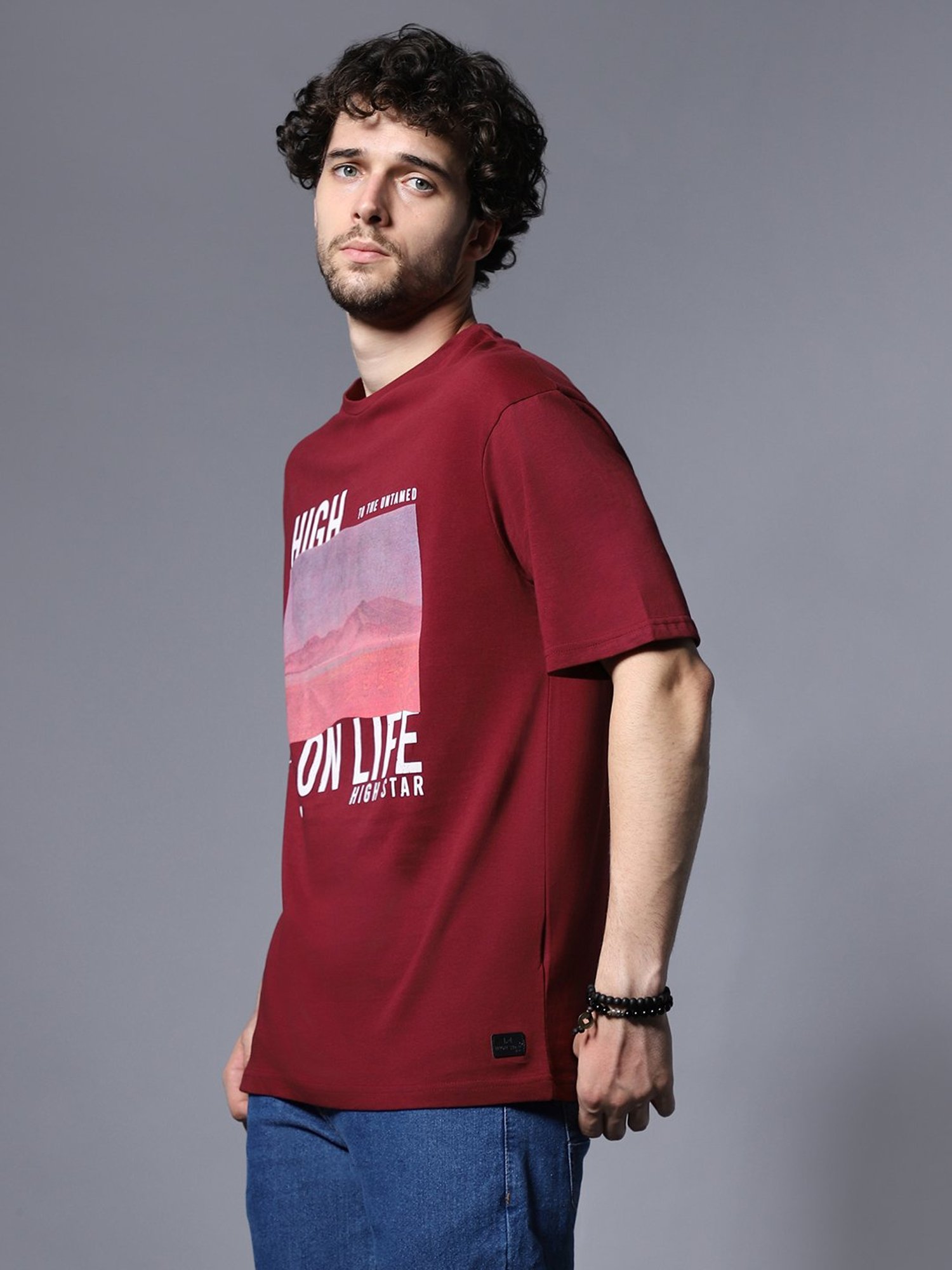 High Star Maroon Relaxed Fit Graphic Print T-Shirt