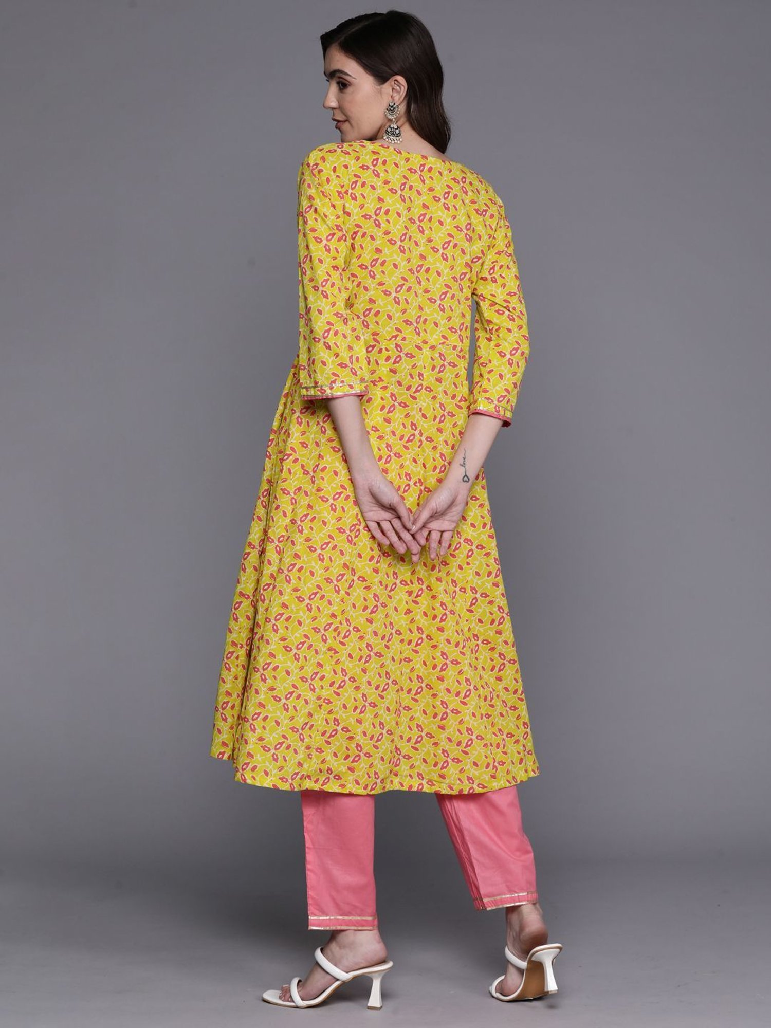 Indo Era Yellow & Pink Cotton Printed Kurta Pant Set