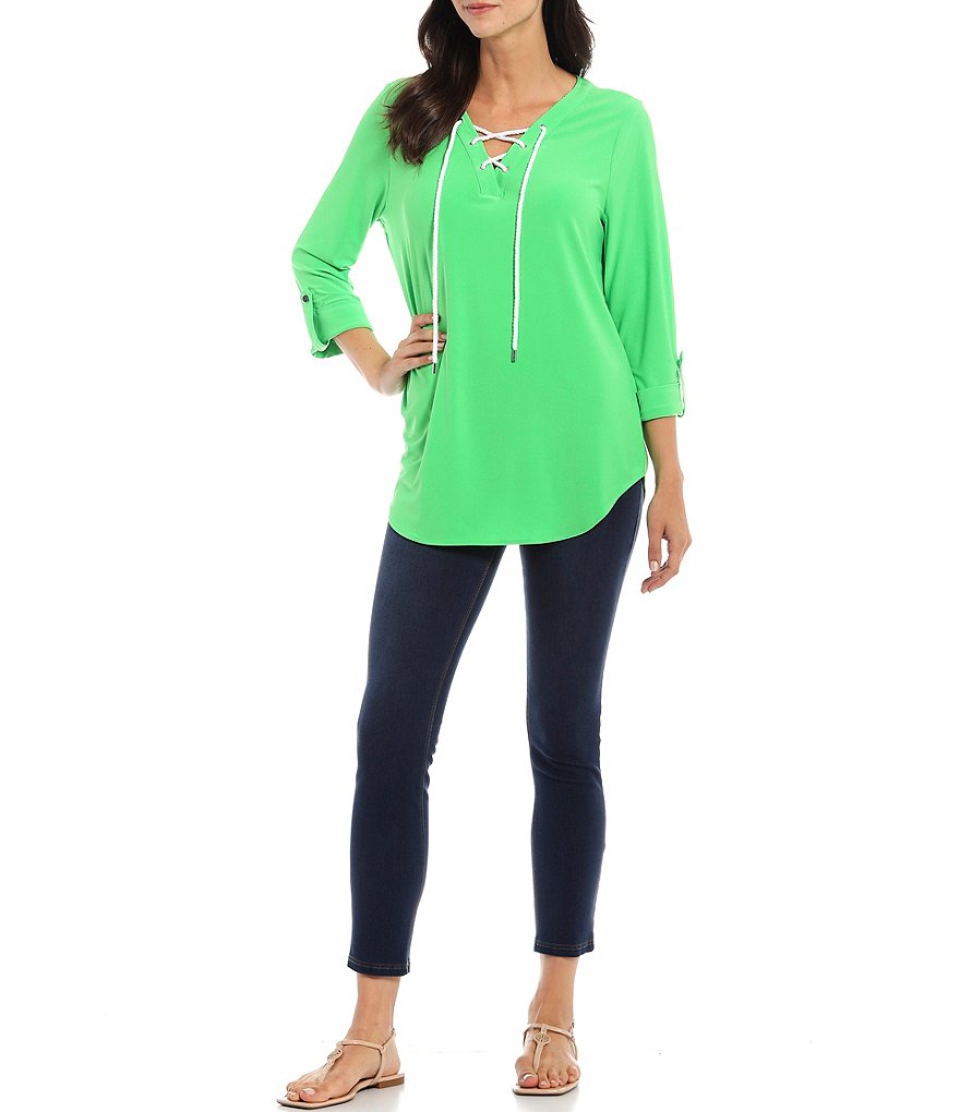 Slim Factor By Investments 3/ 4 Roll-Tab Sleeve V-Neck Lace Up Top