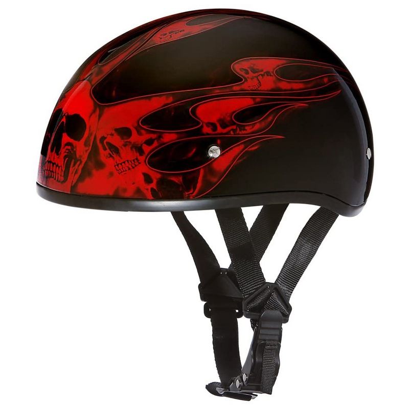 Daytona D6-SFR-XL Helmets Secure Slim Protective Motorcycle Half Helmet Skull Cap with Adjustable Chin Strap, Head Wrap, & Drawstring Bag, Red Flames