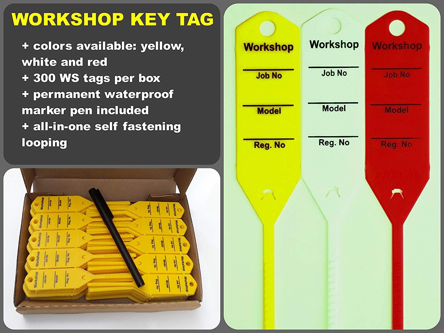 Mechanic Service Auto Key Tags - Yellow self Locking Car Key Tags Made of Waterproof Plastic | Box of 300 Auto Tags | NO Folding, NO Key Rings, NO Laminated Key Tags Necessary | Pen Included