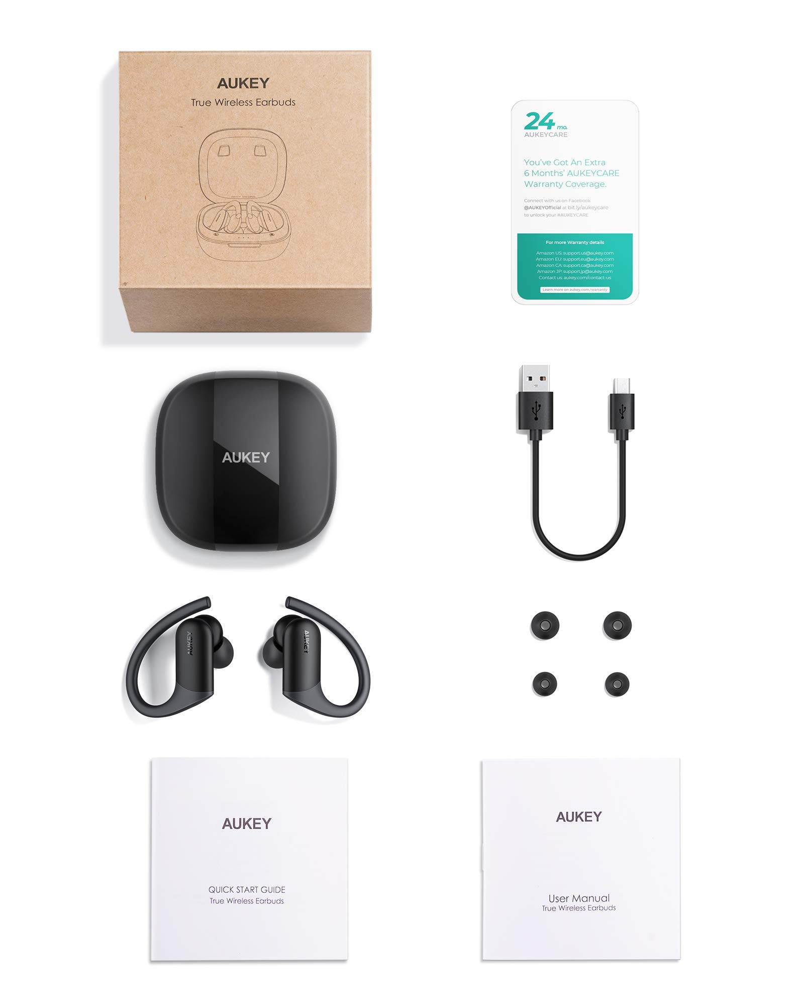 AUKEY True Wireless Earbuds Sports, Bluetooth Earbuds with Earhooks, Wireless & USB-C Charging, in-Ear Detection, aptX HiFi Sound & CVC 8.0 Mics, IPX8 Waterproof, 35H Playtime for Running, Workouts