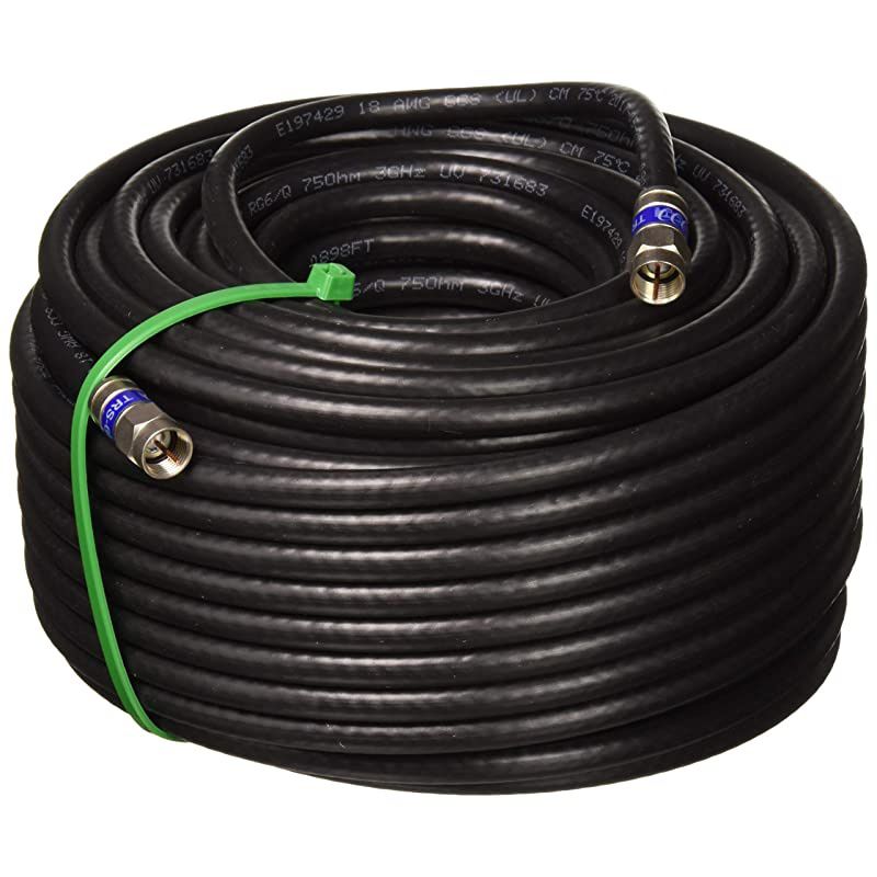 100ft Weather Seal Quad Shield Outdoor 3GHZ RG6 Coaxial Cable 75 Ohm Satellite TV or Broadband Internet Anti Corrosion Brass Connector RG6 Fittings Assembled in USA by