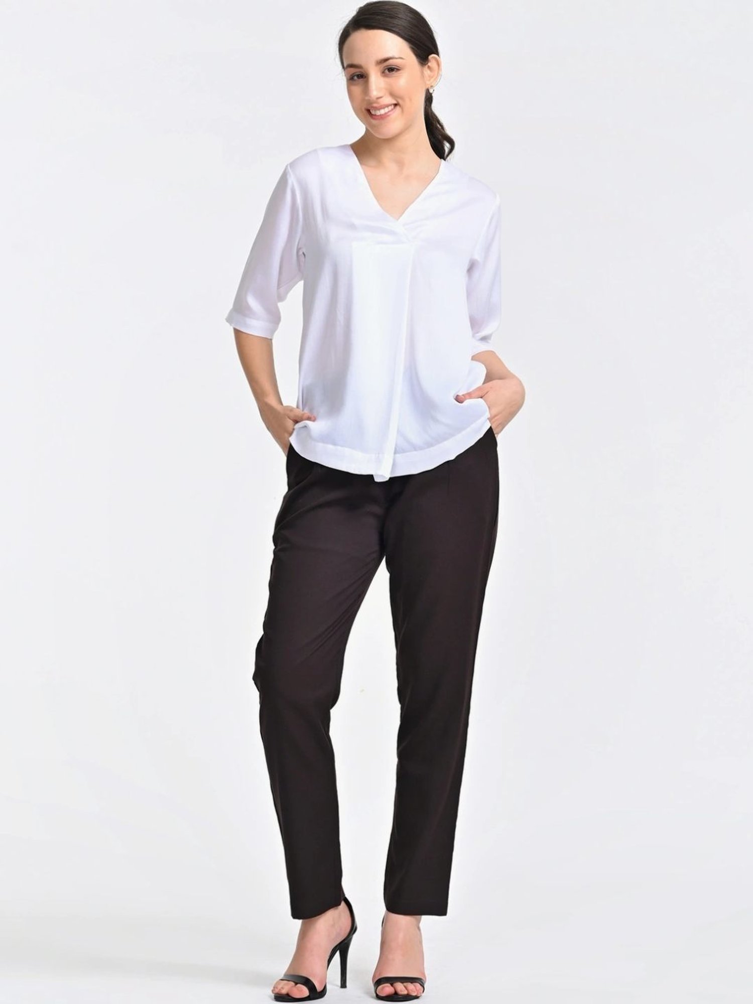 Saltpetre Cream Front Pleat Top With Brown Trousers Co-ords Set
