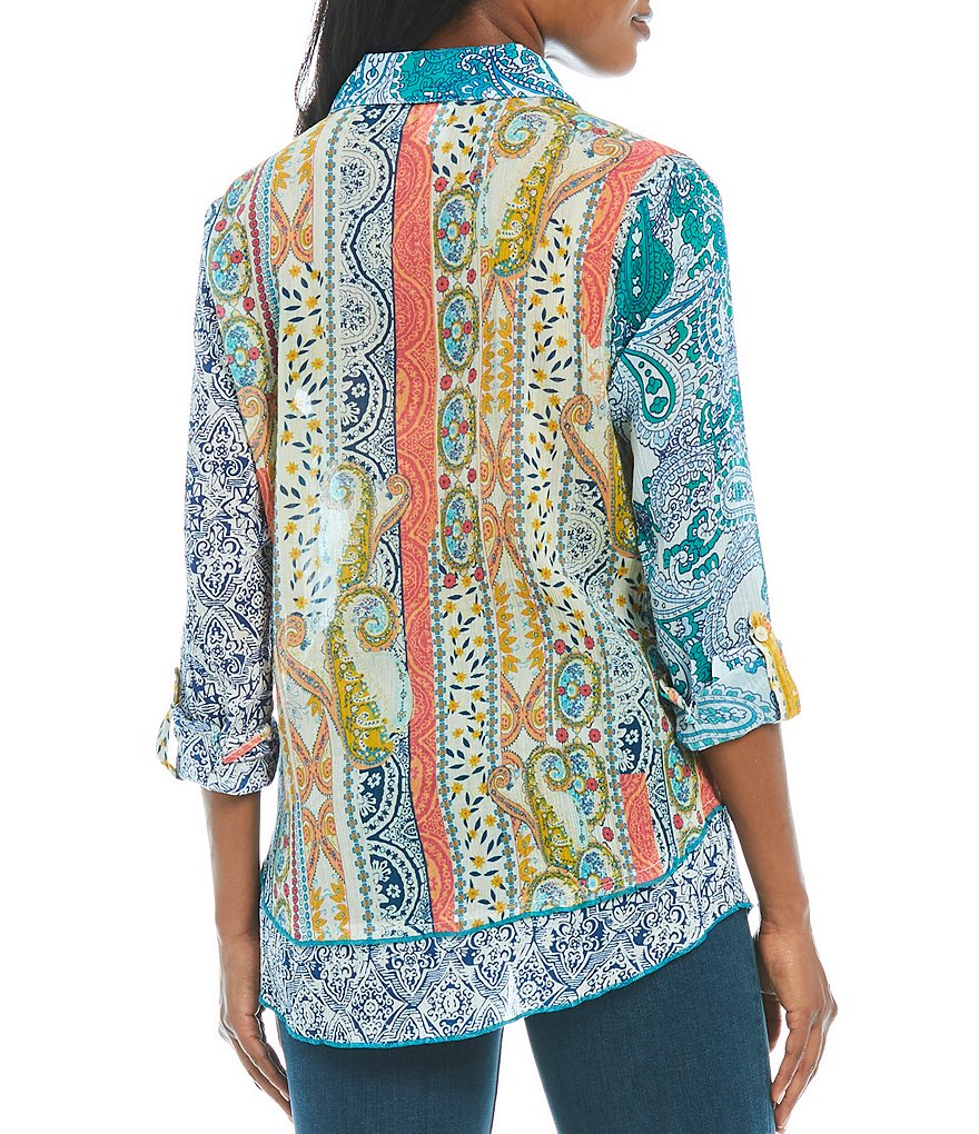 Tru Luxe Jeans Mixed Print Roll-Tab Sleeve Crinkle Shirt