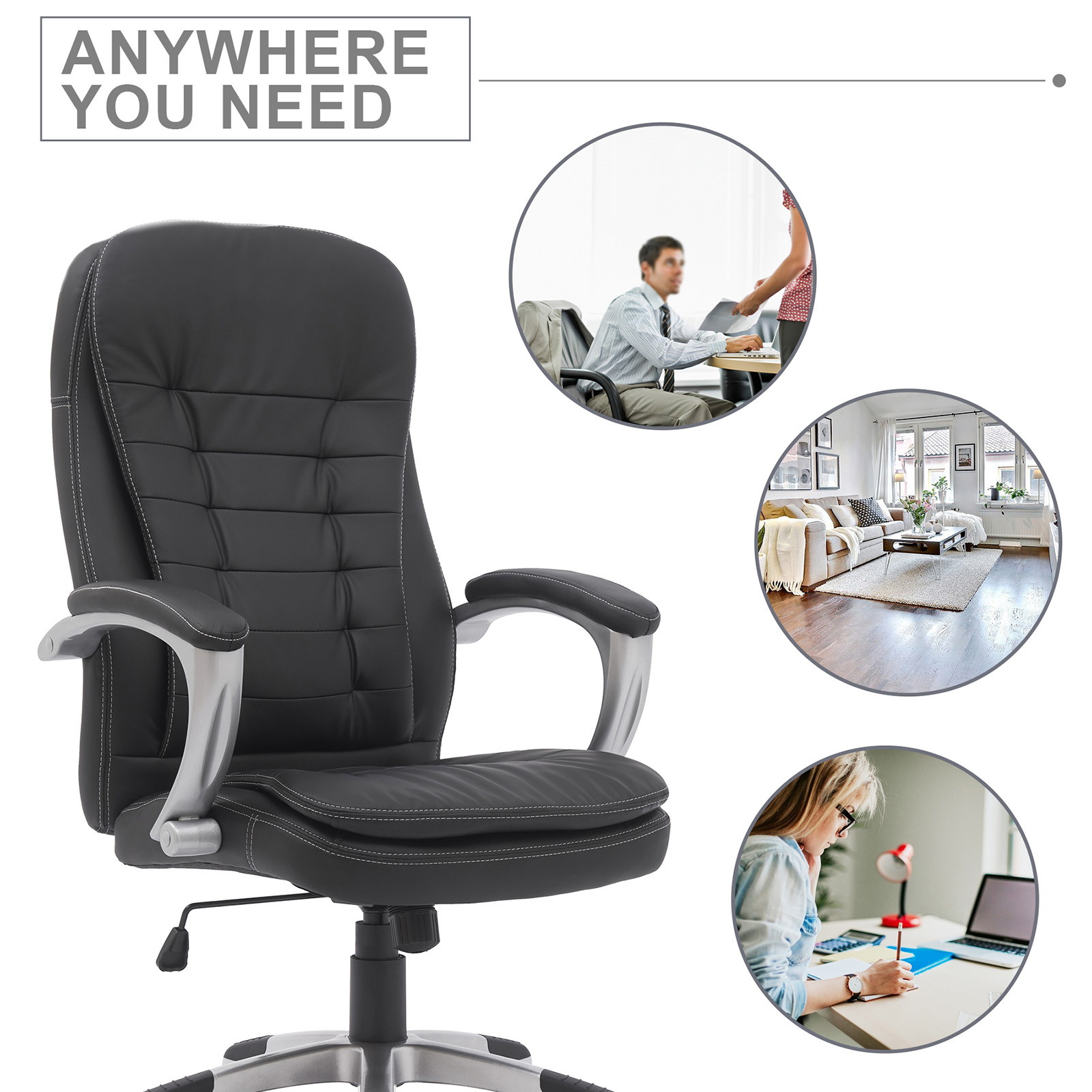 YOUTHUP Office Chair Computer High Back Adjustable Ergonomic Desk Chair Executive PU Leather Swivel Task Chair with Armrests Lumbar Support,Black