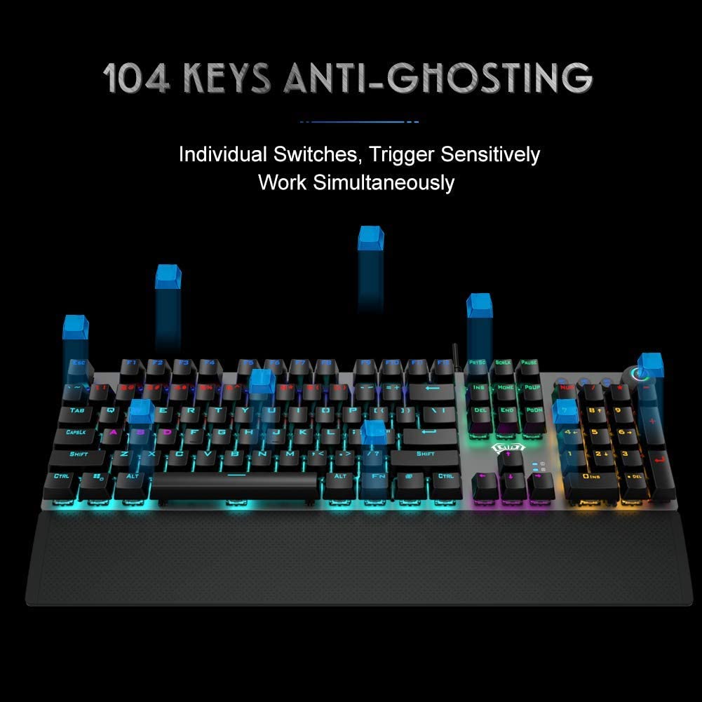 AULA F2088 RGB Mechanical Gaming Keyboard, with Media Keys, Detachable Wrist Rest, Rainbow Backlight, Durable Metal Panel, 104 Keys Anti-ghosting Ergonomic USB Wired PC Gaming Keyboards (Blue Switch)