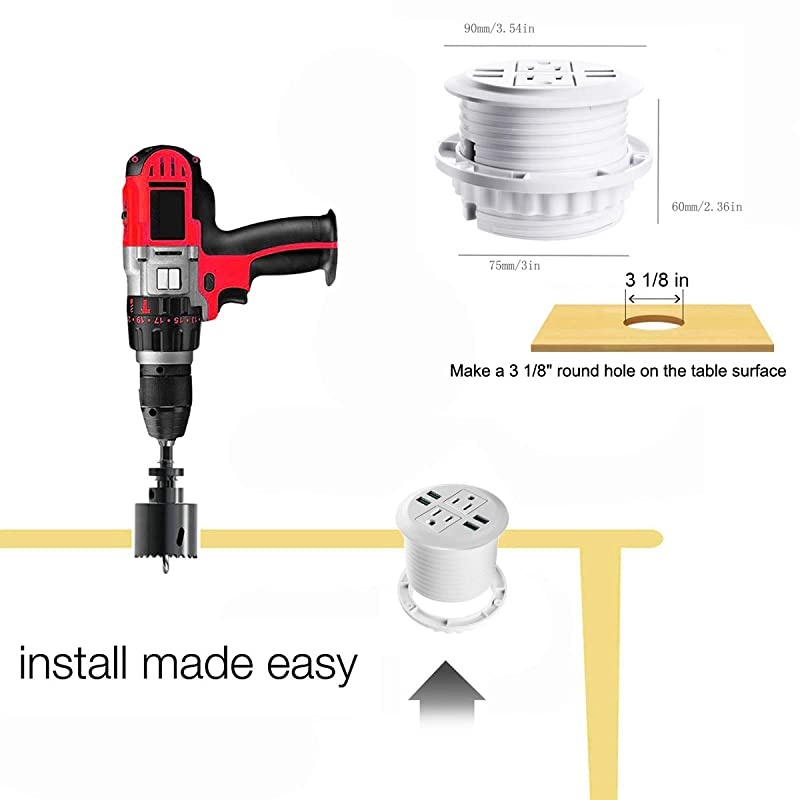 Power Grommet with USB,Recessed Power Socket with 2 AC Outlets and 4 USB Charging Ports. Desk Grommet Outlet 3 1/8in Hole,for Kitchen Table/Conference Room Outlet(White)
