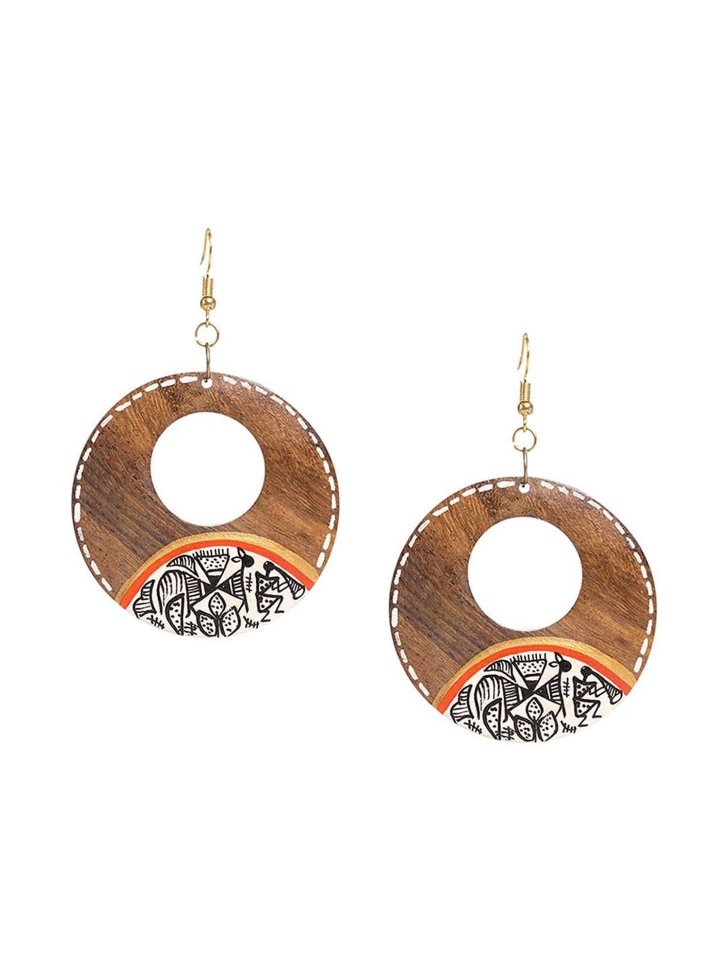 ExclusiveLane 'Tribal Warli Rounds' Brown Earrings in Warli Art (Sheesham Wood)