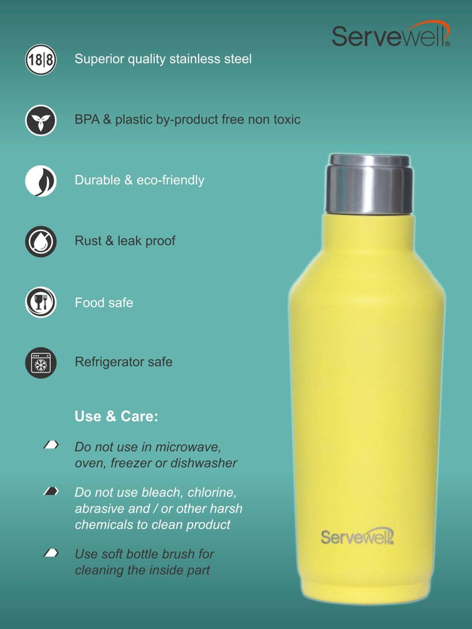 Servewell Lemon Yellow Steel Alaska Single Wall Water Bottle (0.675 L)