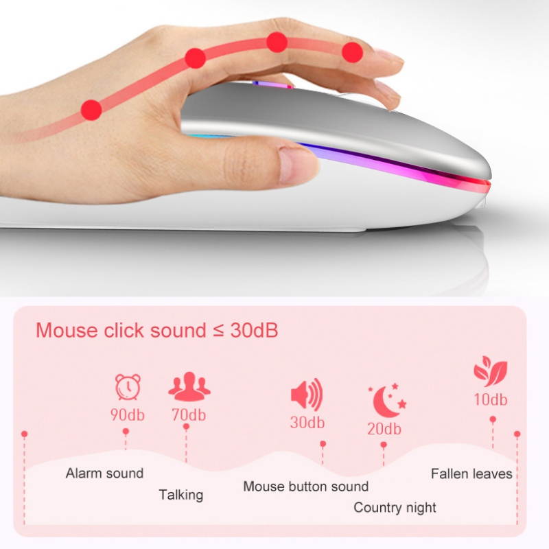 LED Wireless Mouse Slim Rechargeable Wireless Silent Mouse, 2.4G Portable USB Optical Wireless Computer Mice with USB Receiver and Type C Adapter