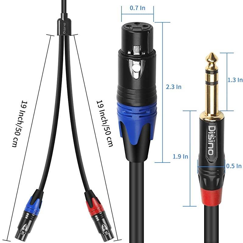 Dual Female XLR to 1/4 inch(6.35mm) TRS Stereo Male Plug Y-Splitter Cable, Unbalanced 2-XLR Female to Quarter inch Adapter Patch Cord - 6.6 Feet /2 Meters