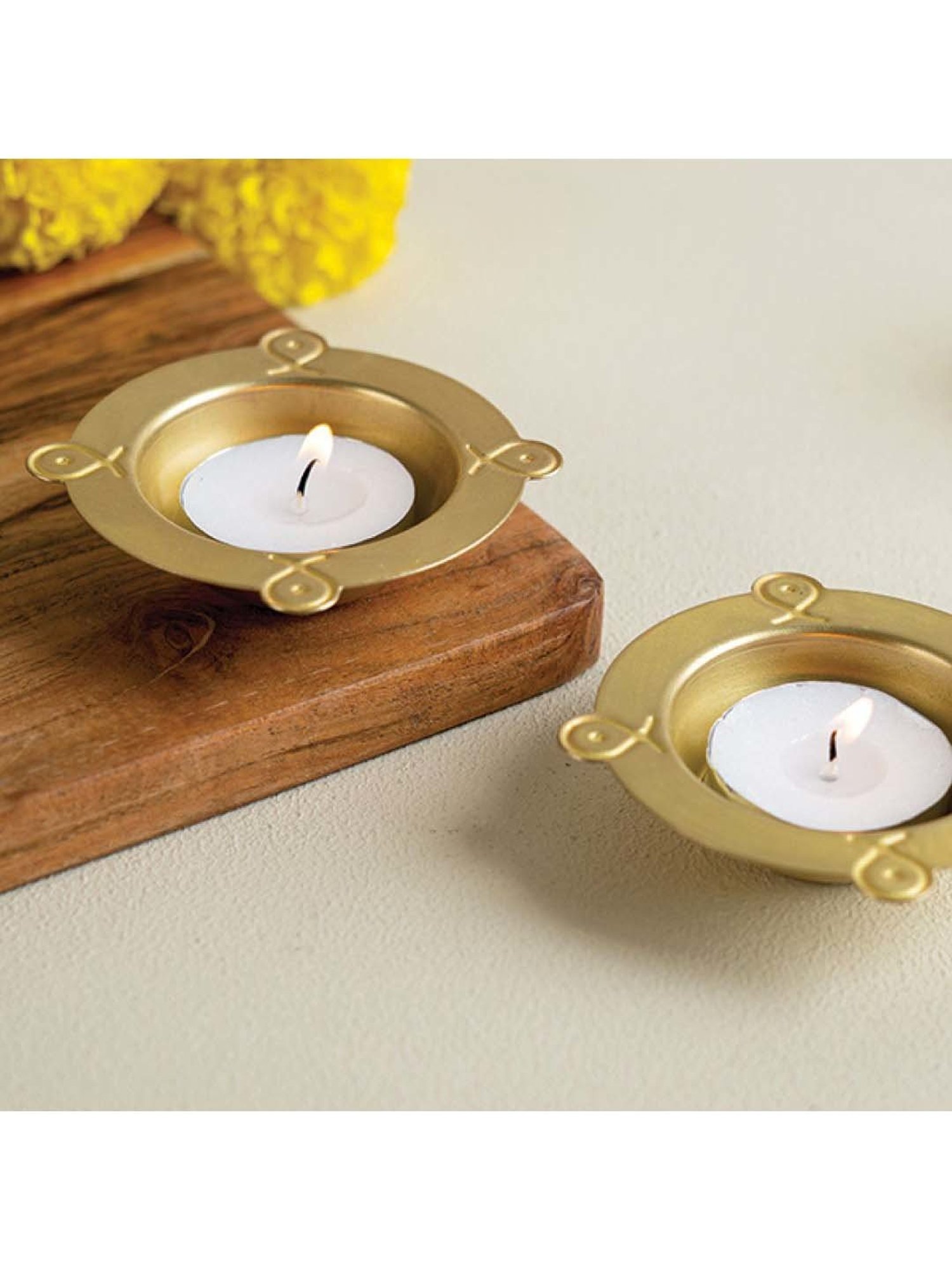 COPPRE Rangoli Golden Brass Diwali Tealight - Set of 2