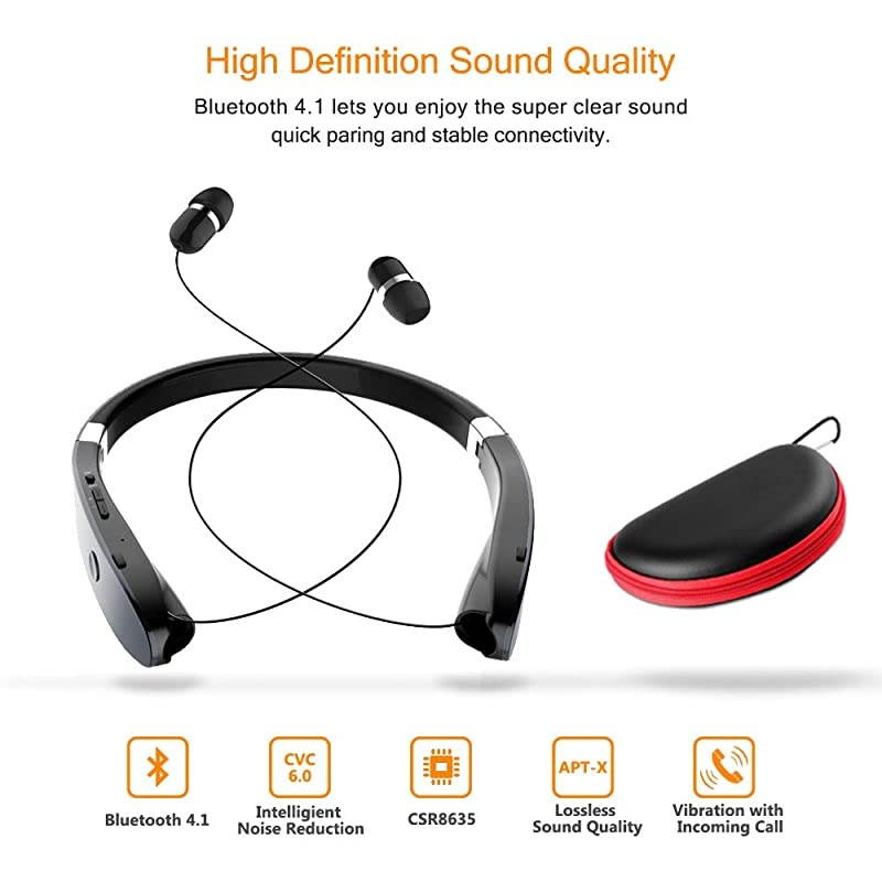 Foldable Bluetooth Headset  Lightweight Retractable Bluetooth Headphones for SportsExercise Noise Cancelling Stereo Neckband Wireless Headset with Carry case
