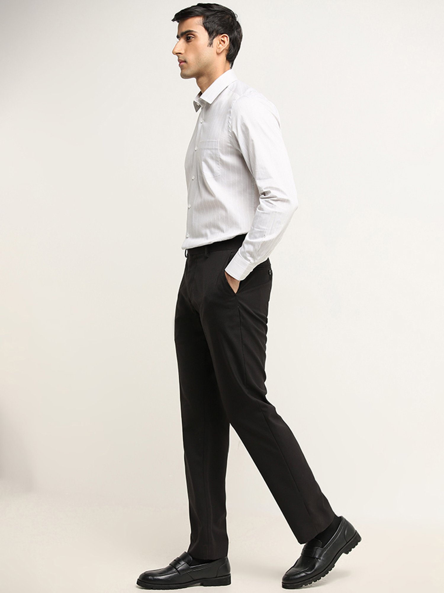 WES Formals by Westside Light Grey Striped Slim Fit Shirt