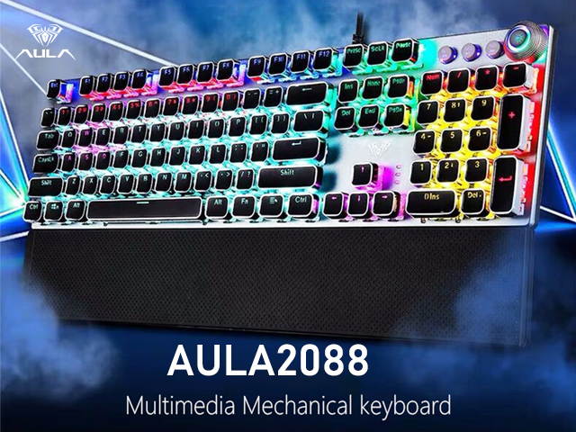AULA F2088/F2058 Mechanical Gaming Keyboard Detachable wrist rest Multimedia Knob, 104 Keys Anti-ghosting Marco Programming metal panel LED Backlit keyboard for PC Gamer (Punk keycap)