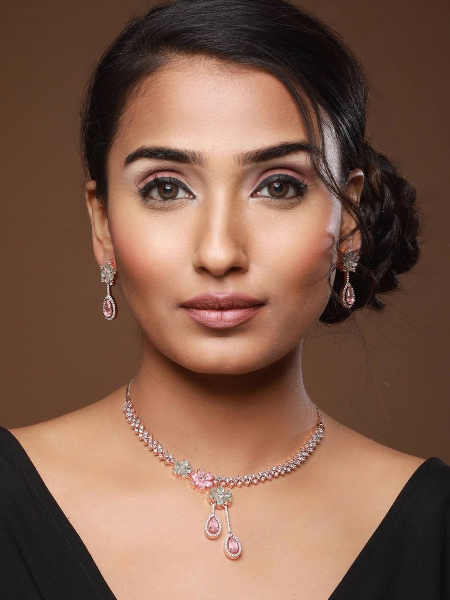 Aatmana Rose Gold-Plated Multi AD Studded Necklace & Earring Set