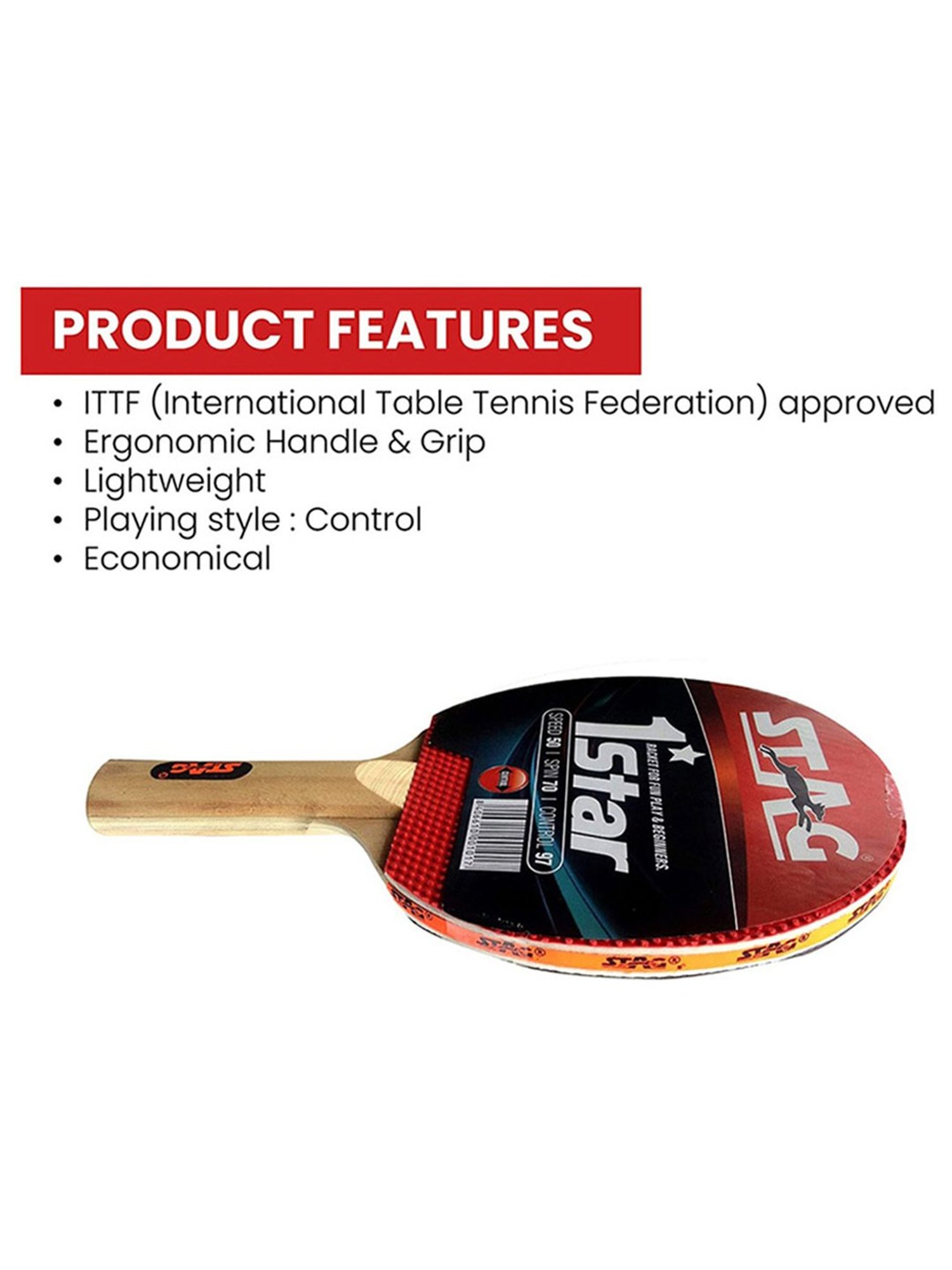 Stag Global 1 Star ITTF Approved Rubber Table Tennis Racquet (Multicolor)