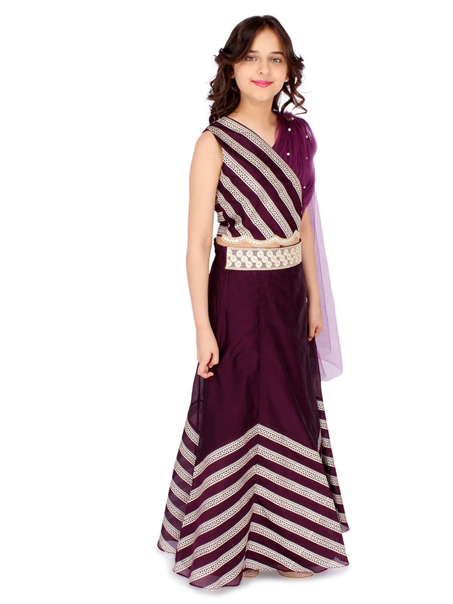 Cutecumber Kids Purple Embellished Crop Top with attached Dupatta with Skirt