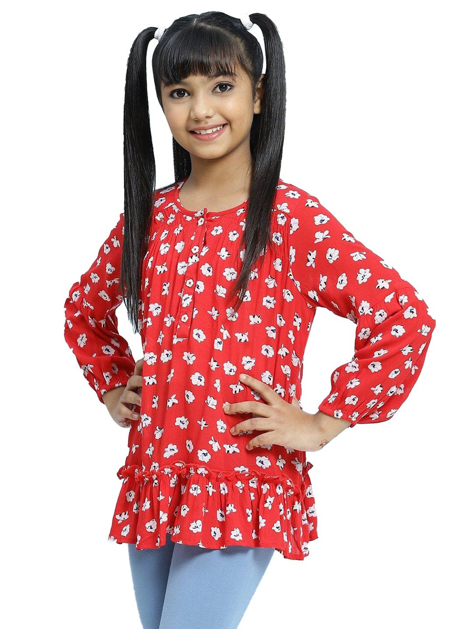 BIBA Girls Red Printed Top