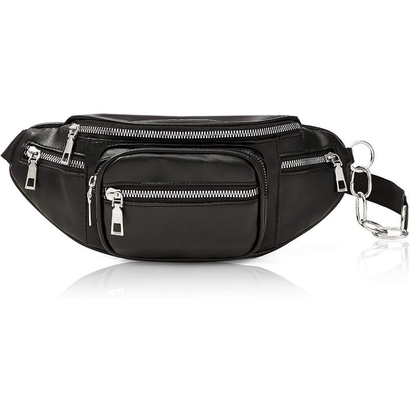 Black Faux Leather Fanny Pack for Women, Traveling Belt Bag Pouch with Adjustable Waist Strap (33"-52")