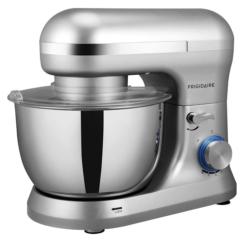 Frigidaire ESTM020-SILVER 4.5L 8 Speed Electric Countertop Standalone Food Mixer with Bowl, Hook, Beater, and Whisk Attachment Accessories, Silver