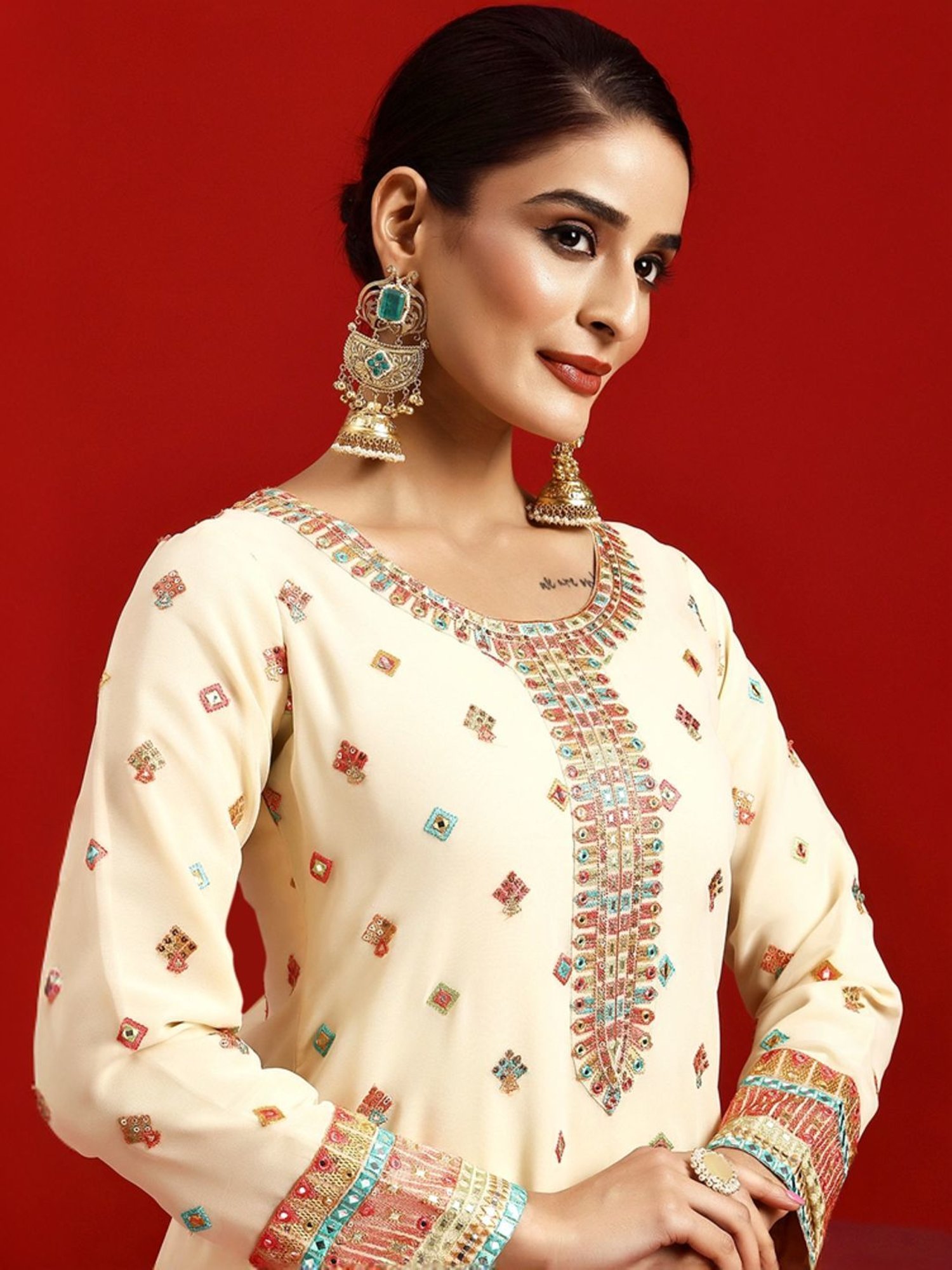 Libas Art Beige Embroidered Kurti Palazzo Set With Dupatta