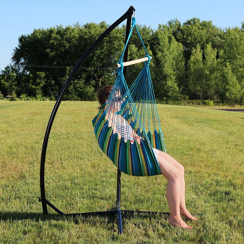 Sunnydaze Double Cushion Hanging Rope Hammock Chair Swing with X-Stand for Backyard or Patio - 250 lb Weight Capacity - Ocean Breeze