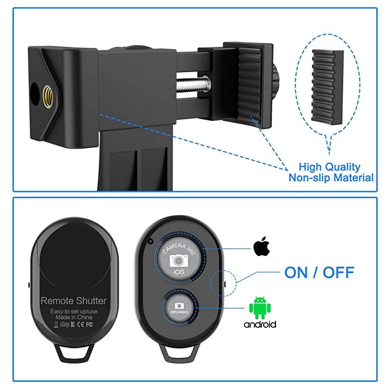 Phone Tripod Mount Adapter with Bluetooth Camera Remote Cell Phone Holder with Adjustable Clamp for Selfie Stick Monopod Compatible with iPhone Samsung and so on Wrist Strap Included