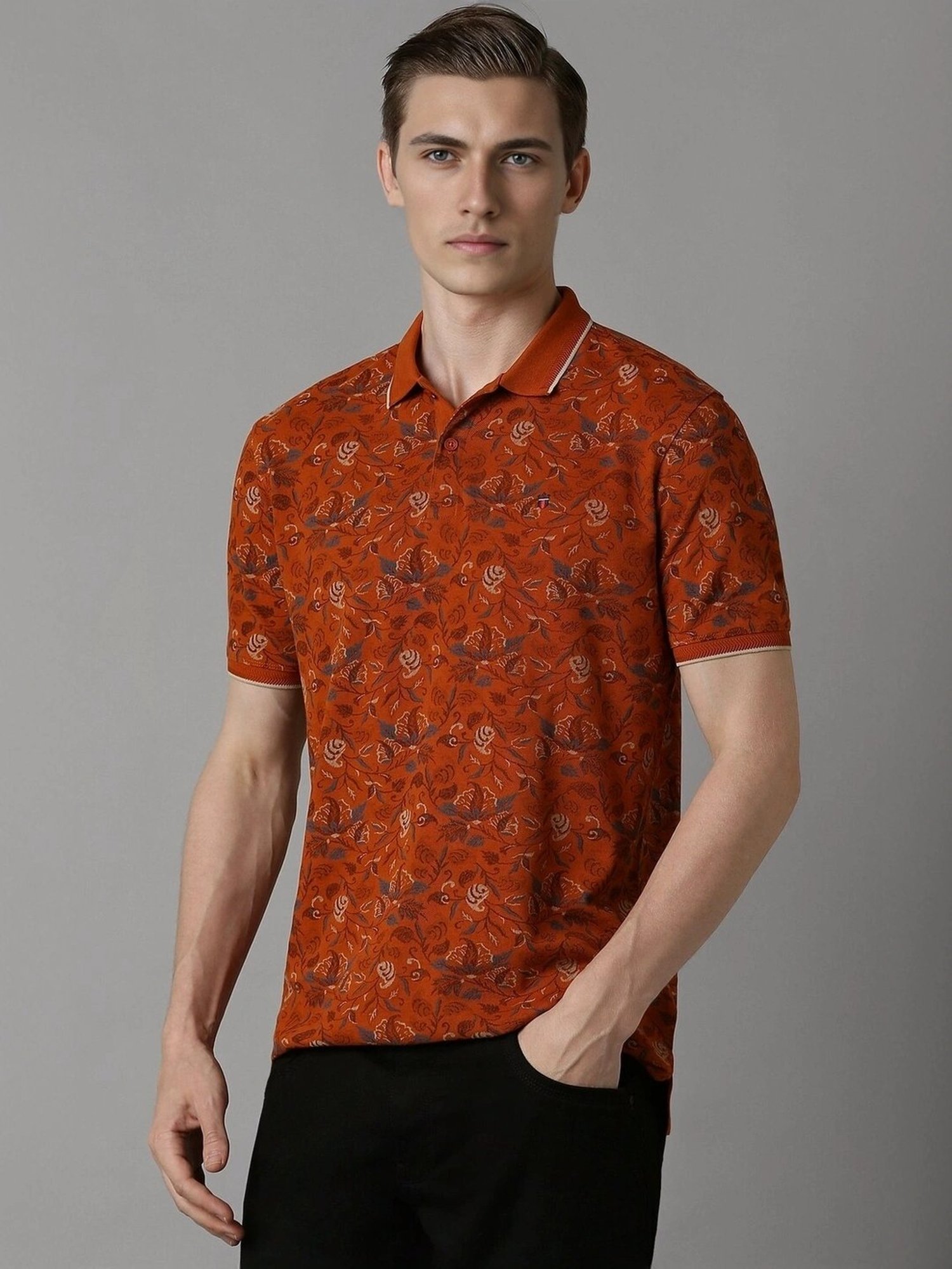 Louis Philippe Red Cotton Slim Fit Printed Polo T-Shirt