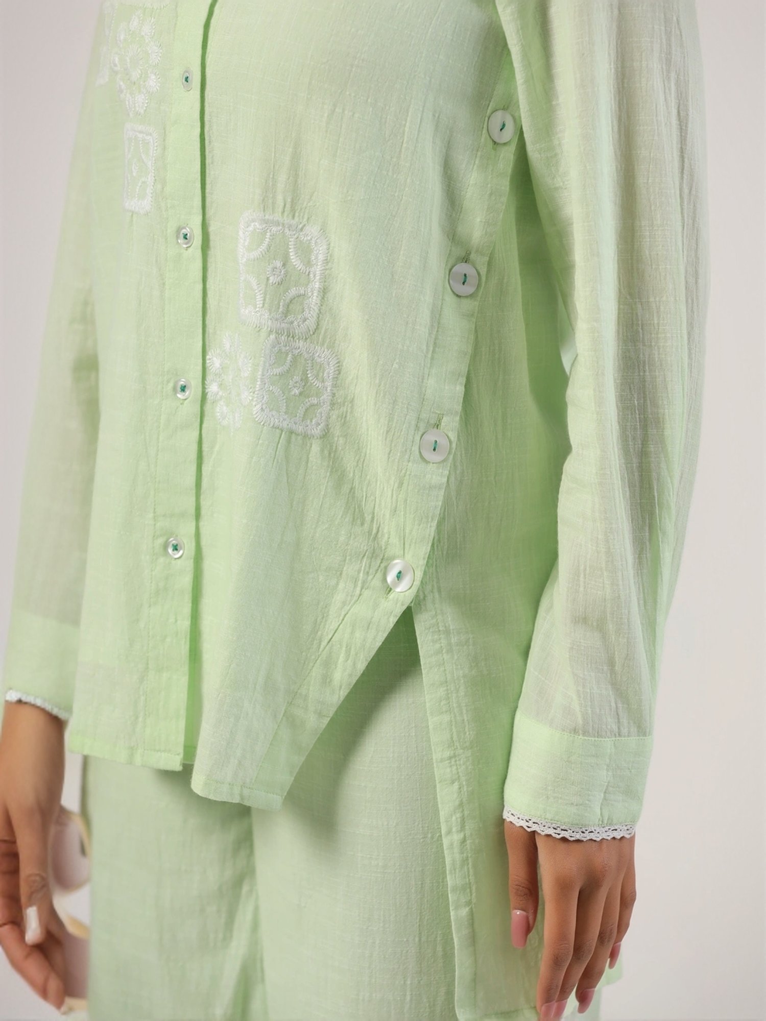 Zolo Label Pista Green Cotton Embroidered Shirt Palazzo Set