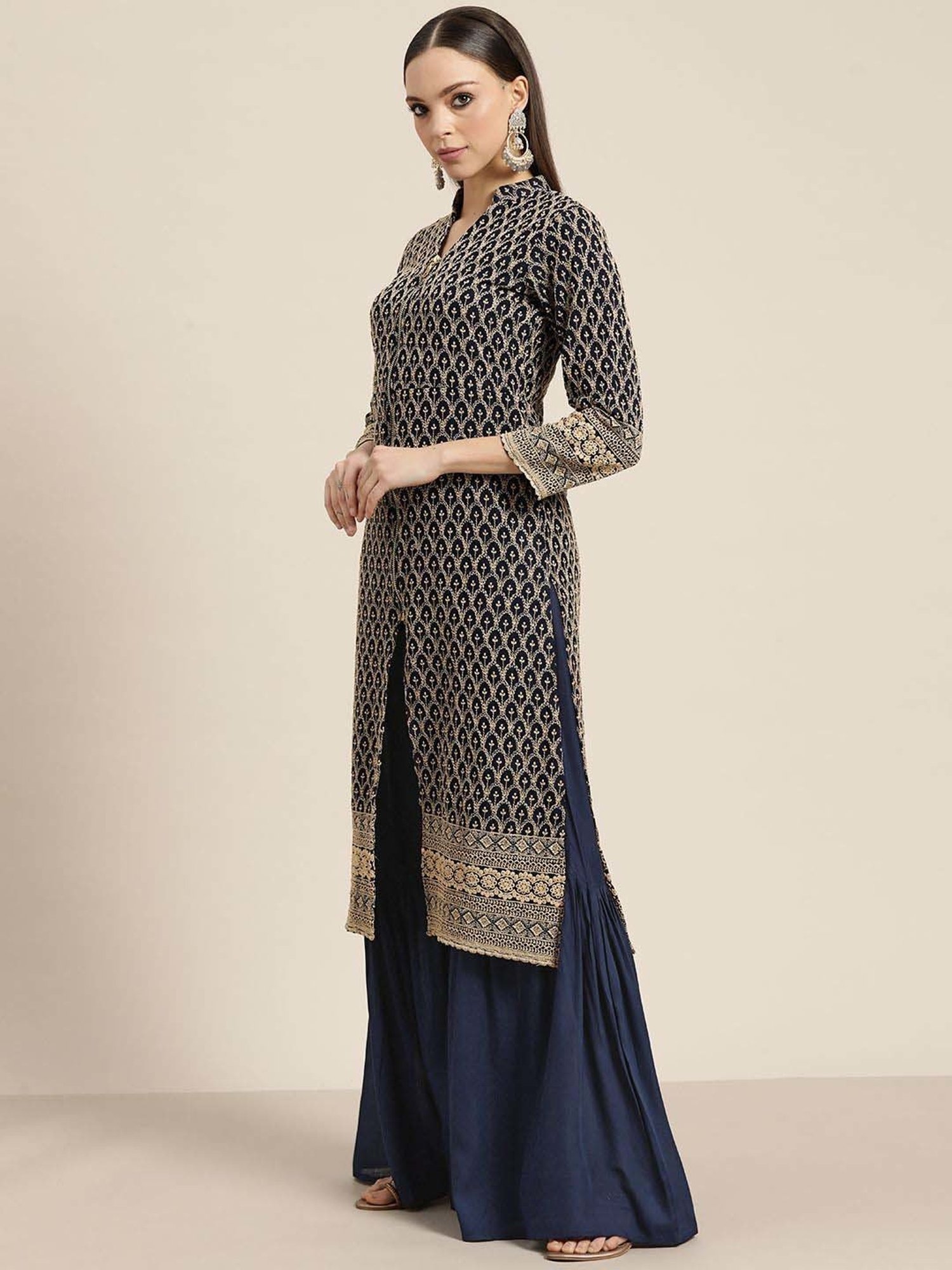 Jompers Navy Embroidered Kurta Palazzo Set With Dupatta