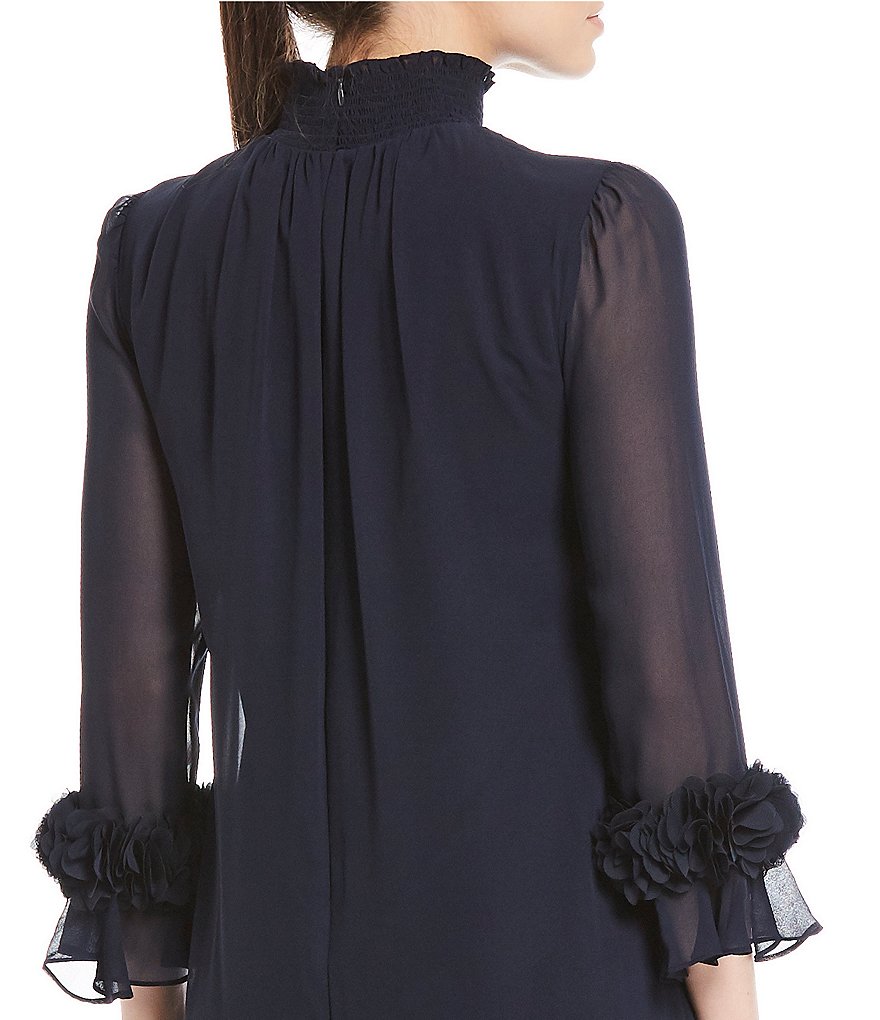 Alex Marie Amelia Mock Smocked Mock Neck Floral Petal Detail Illusion 3/4 Sleeve Chiffon Dress