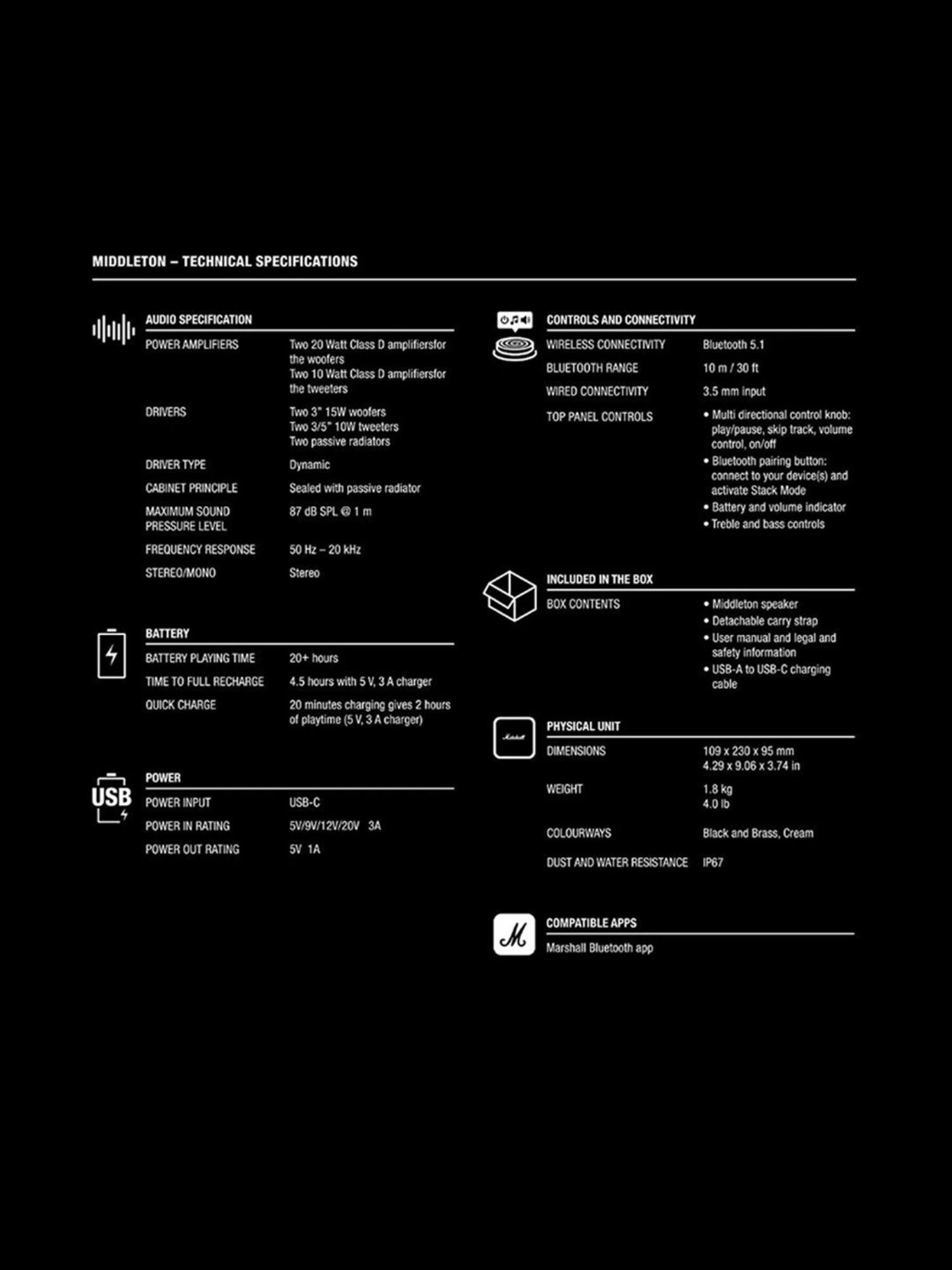 Marshall Middleton Portable Bluetooth Speaker with Upto Hours Of Portable Playtime (Black & Brass)