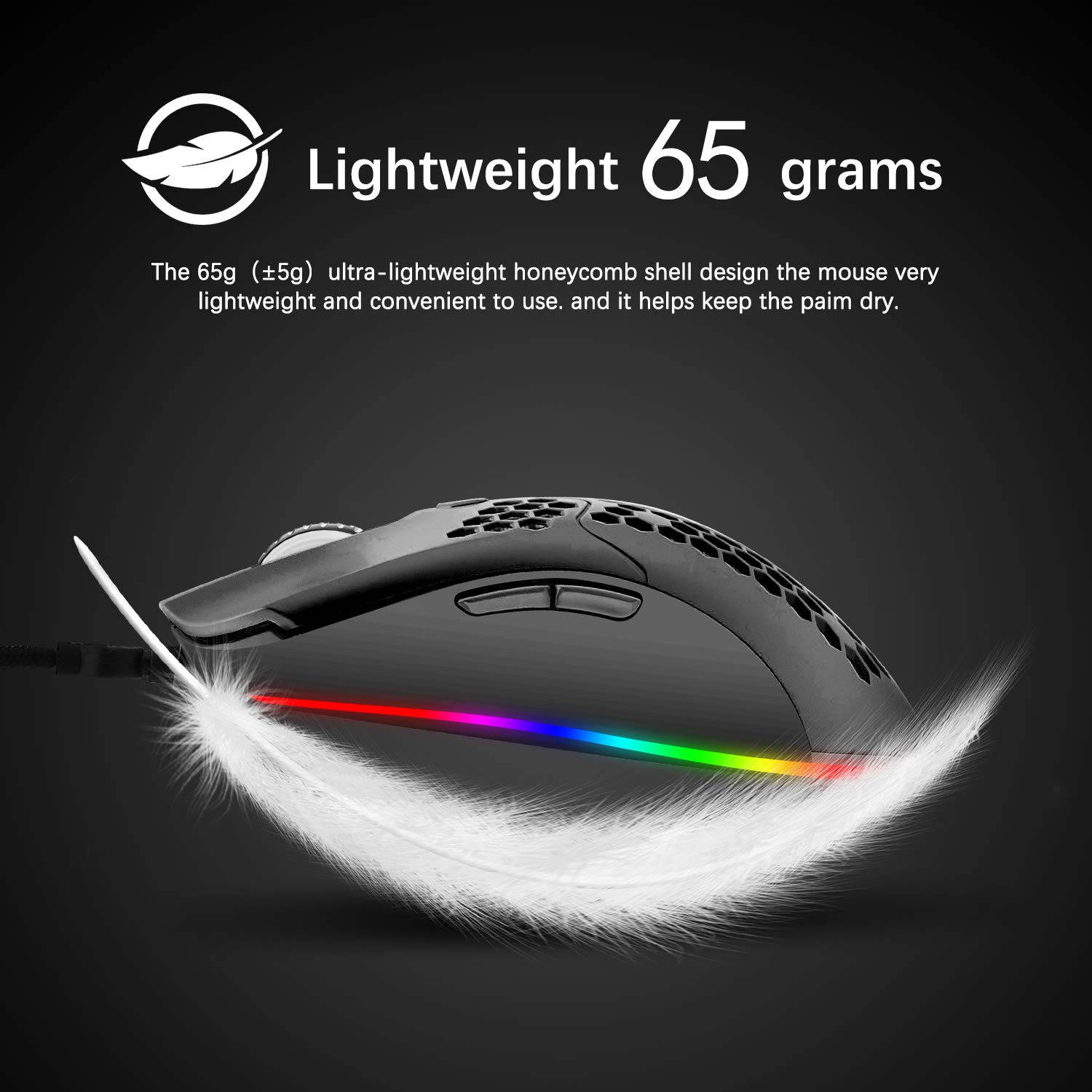 Lightweight Wired Gaming Mouse with 7 Button 26RGB Backlit Programmable Driver PAW3325 12000 DPI Optical Sensor Ultralight Ergonomic 65G Honeycomb Shell Ultraweave Cable for PC Xbox PS4 Gamer