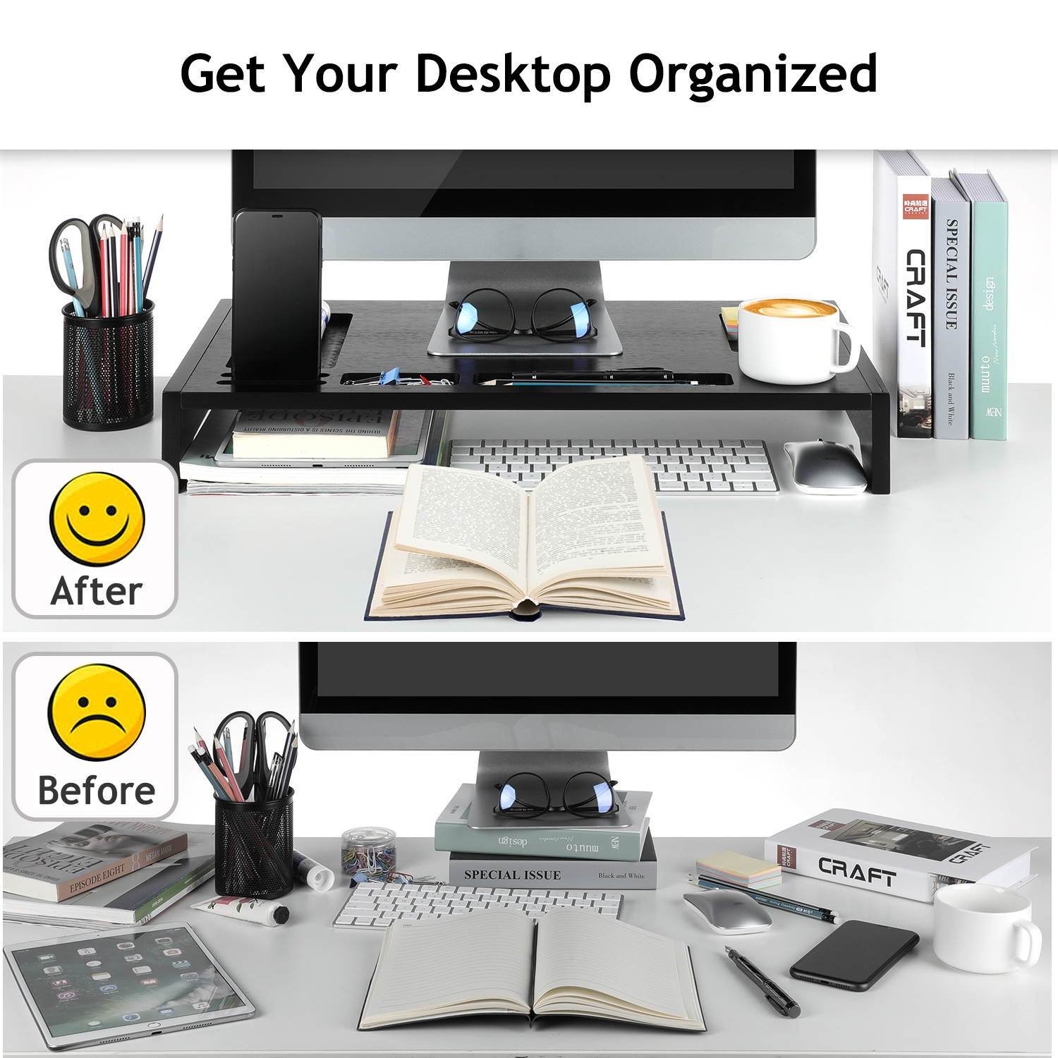 23 Inch Bamboo Monitor Stand Riser - Bamboo Desk Monitor Storage Organizer for Home and Office Computer Desk Laptop Printer TV Cellphone Stand Desktop Container by HUANUO