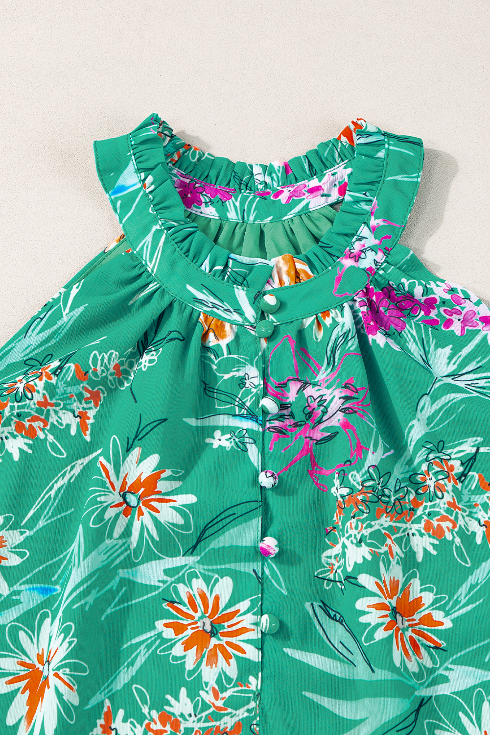 Bright Green Boho Floral Print Button Front Sleeveless Blouse