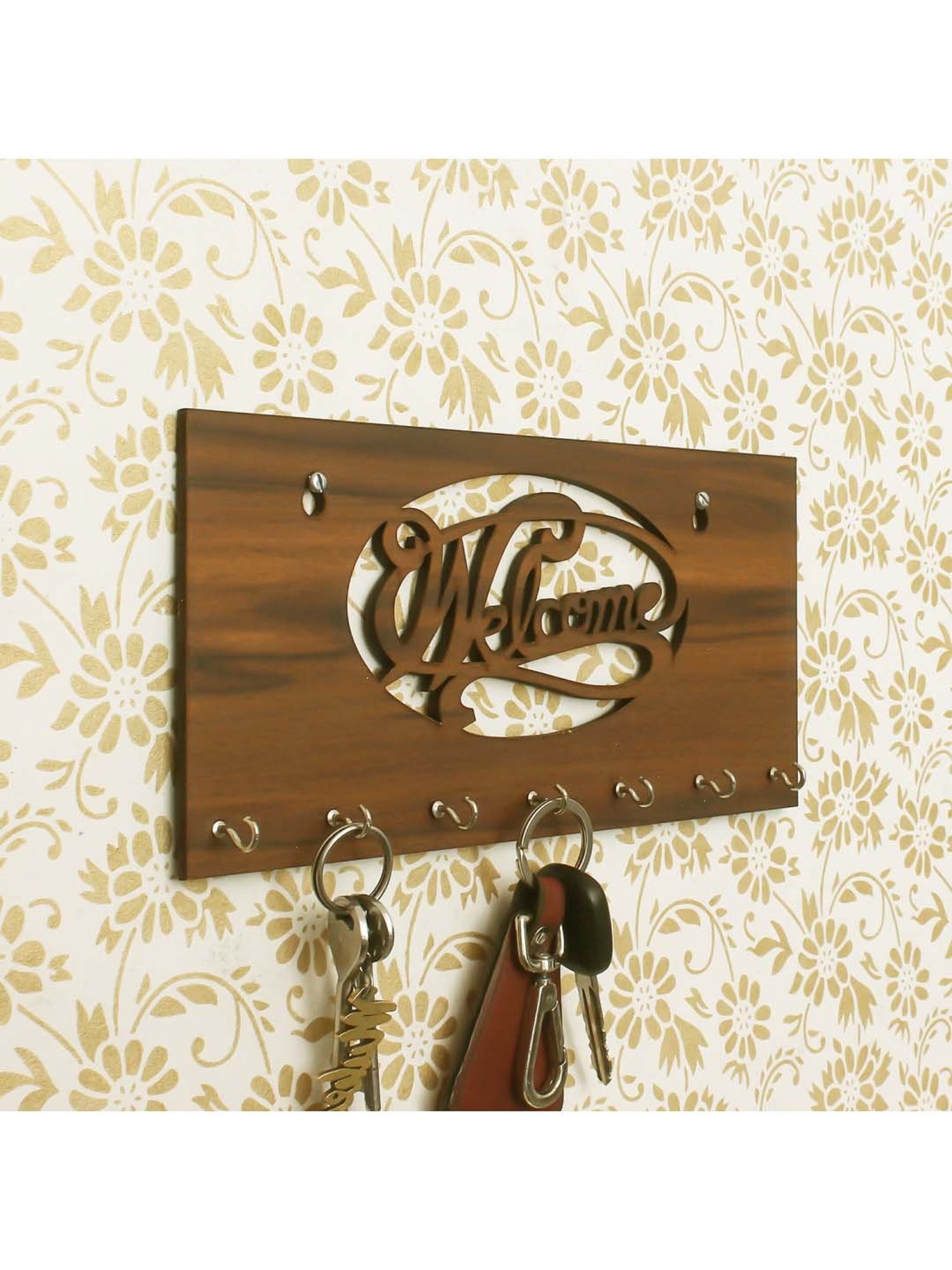 eCraftIndia Welcome Theme Wooden Key Holder with 7 Hooks