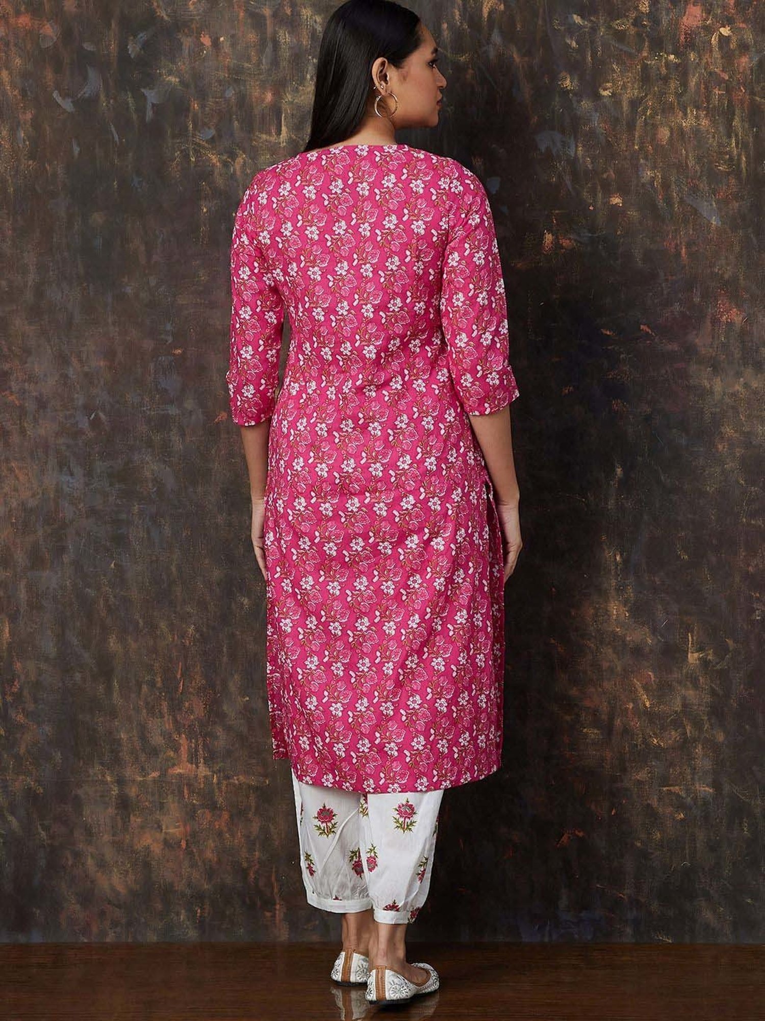 Melange by Lifestyle Pink & White Cotton Printed Kurta & Salwar Set