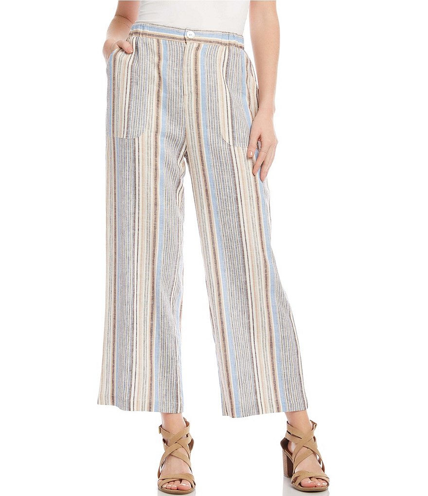 Karen Kane Cropped Wide Leg Linen Blend Striped Pants