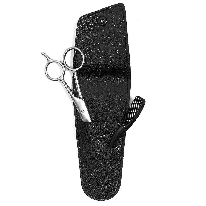 Glamlily 3 Piece Mustache Scissors and Comb Set, Black Facial Hair Kit with PU Pouch