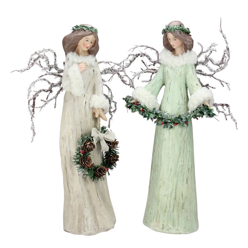 Melrose Set of 2 Beige and Mint Green Branch Winged Angels Christmas Tabletop Decor 15"