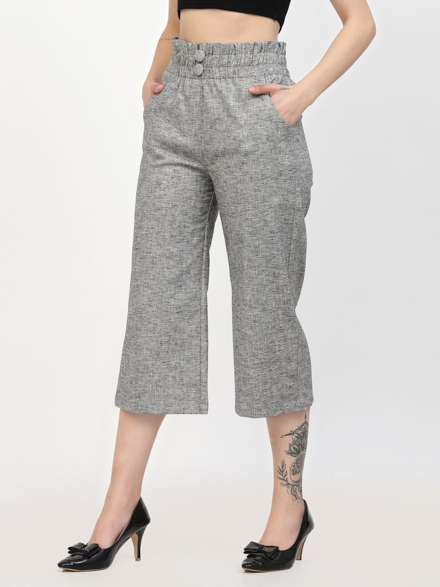 Westwood Grey Melange Relaxed Fit Mid Rise Crop Pants