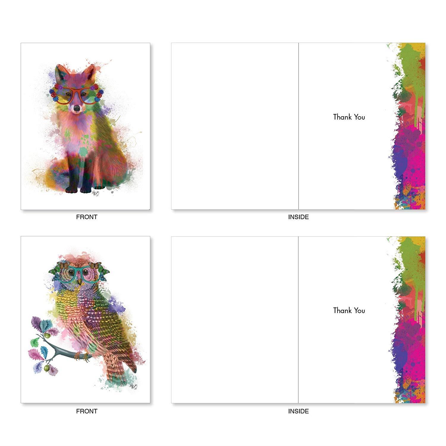 Funky Rainbow Wildlife: 10 Assorted Thank You Greeting Cards With Hipster-Like Images of Wildlife with Colorful Paint Splotches, with Envelopes. AM4948TYG-B1x10