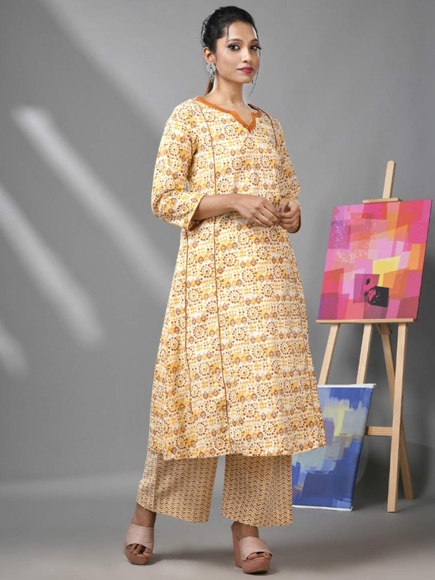 CHARUKRITI Beige Cotton Printed Kurta Palazzo Set